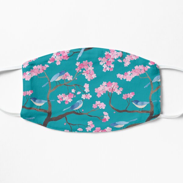Cherry blossom birds on teal Flat Mask