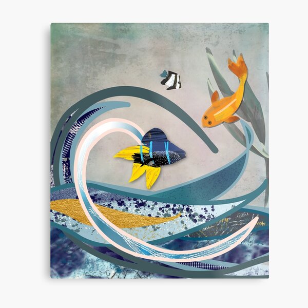 Art Deco style seascape art - underwater ocean with koi carp and damsel fish Metal Print