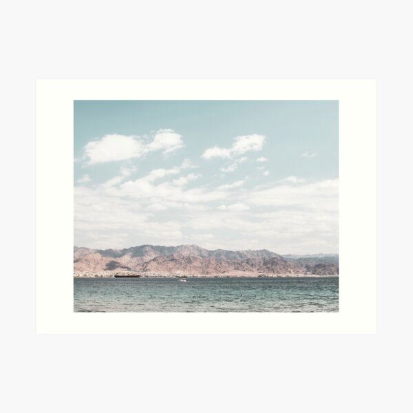 Desert mountains print, Eilat Israel landscape, desert, blue sky, red sea beach, white clouds Art Print