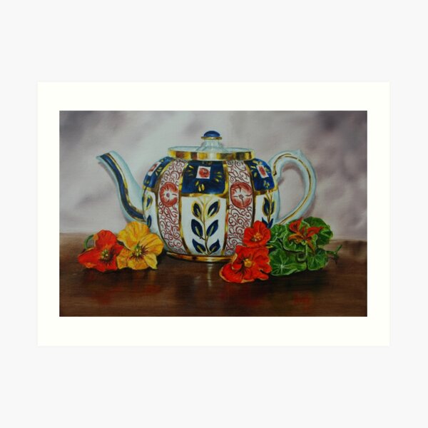 Old Teapot with Nasturtiums - oil painting Art Print