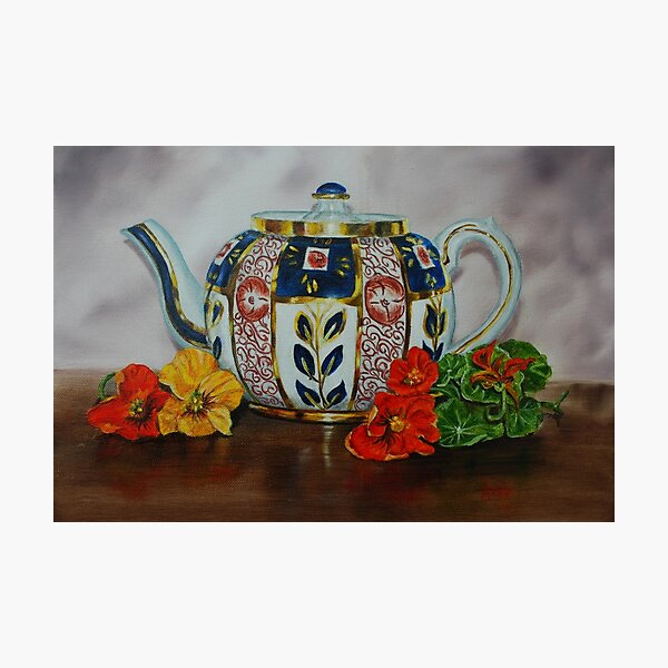 Old Teapot with Nasturtiums - oil painting Photographic Print
