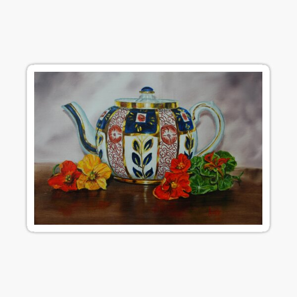 Old Teapot with Nasturtiums - oil painting Sticker