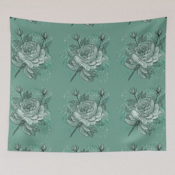 Item preview, Rose and dragonfly on blue digital illustration designed and sold by NinaJayasinghe.