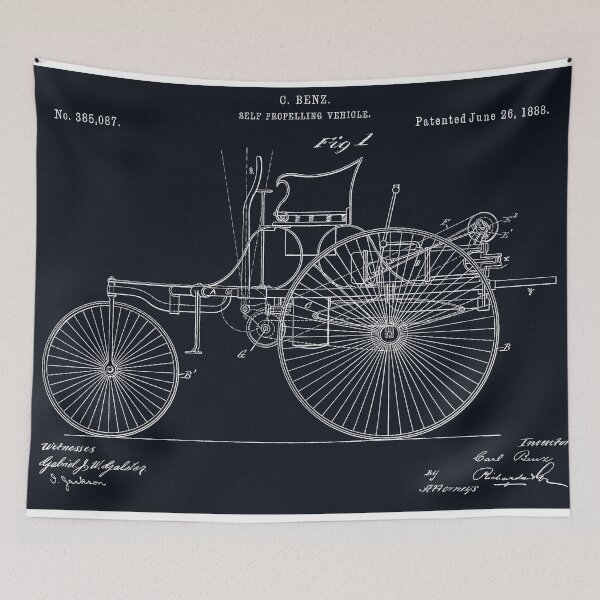 Item preview, Benz 1888 self propelling vehicle, original patent drawing marbled black background designed and sold by QualitySolution.