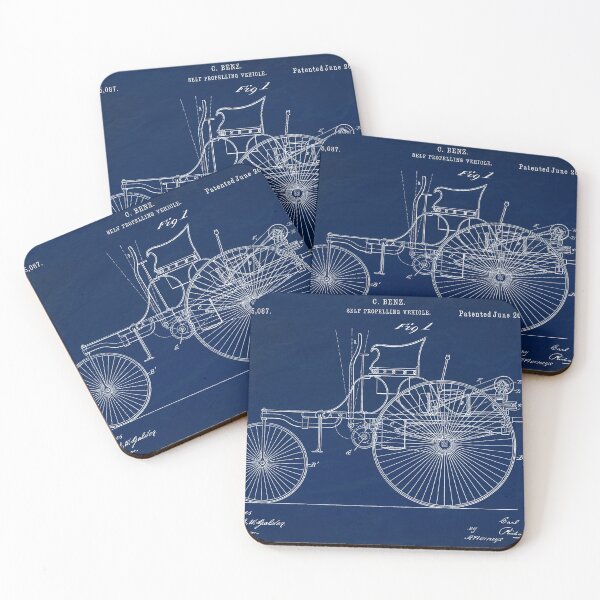 Item preview, Benz 1888 self propelling vehicle, original patent drawing Slate Blue background designed and sold by QualitySolution.