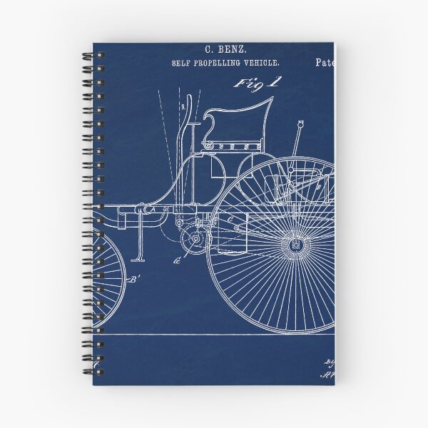 Item preview, Benz 1888 self propelling vehicle, original patent drawing Slate Blue background designed and sold by QualitySolution.