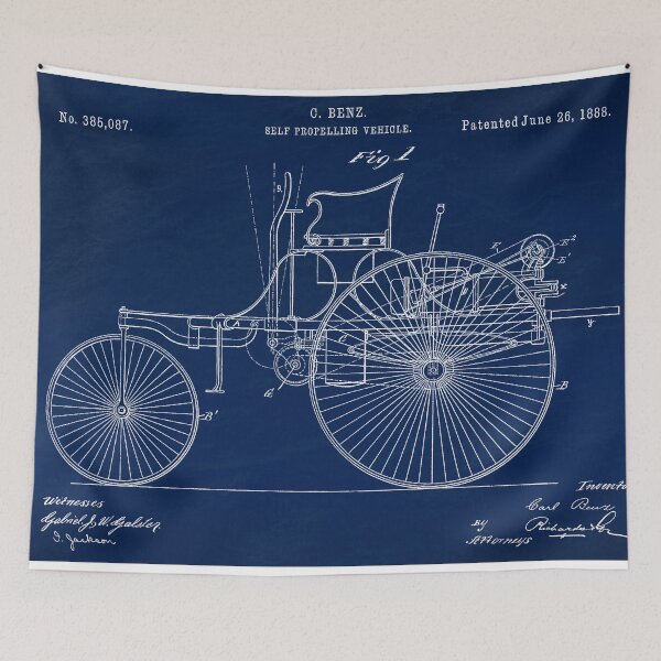 Item preview, Benz 1888 self propelling vehicle, original patent drawing Slate Blue background designed and sold by QualitySolution.
