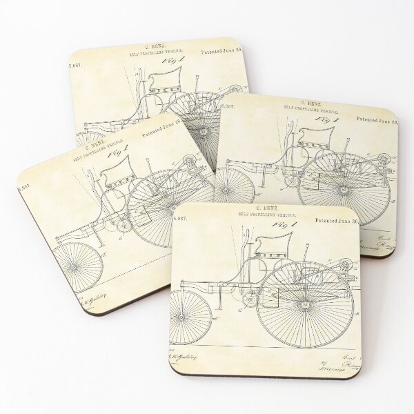 Item preview, Benz 1888 self propelling vehicle, original patent drawing parchment background designed and sold by QualitySolution.