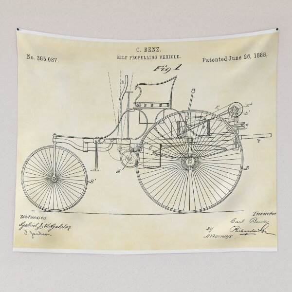 Item preview, Benz 1888 self propelling vehicle, original patent drawing parchment background designed and sold by QualitySolution.