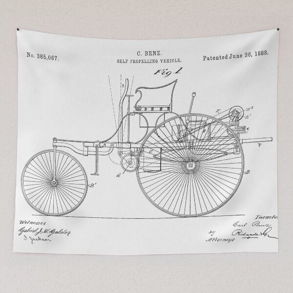 Item preview, Benz 1888 self propelling vehicle, original patent drawing original white background designed and sold by QualitySolution.