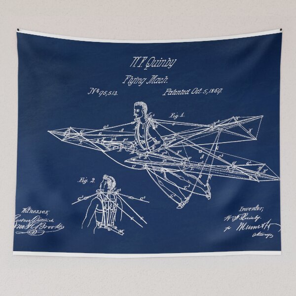 Item preview, Man Power 1869 Flying Machine, original patent drawing Slate Blue background designed and sold by QualitySolution.