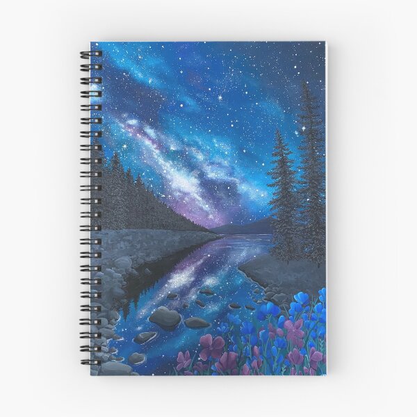 Aperçu de l'œuvre Peinture de paysage Galaxy Sky avec montagnes, arbres, rivière et fleurs créée et vendue par pooja-paints.