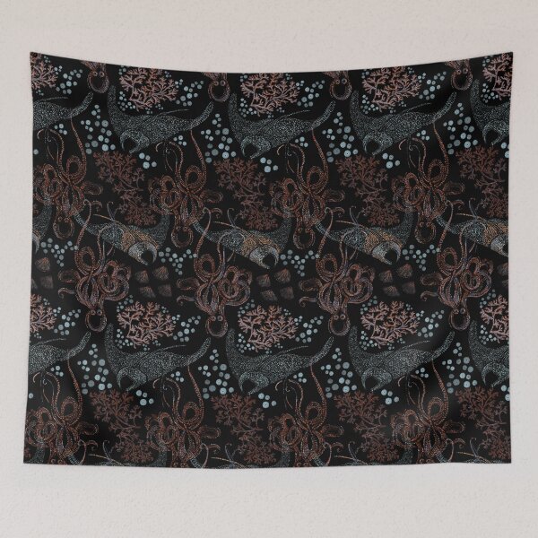 Item preview, Marine seamless pattern with space manta rays, lobsters, corals, octopuses, abodes of the underwater world designed and sold by ANAKOTO.