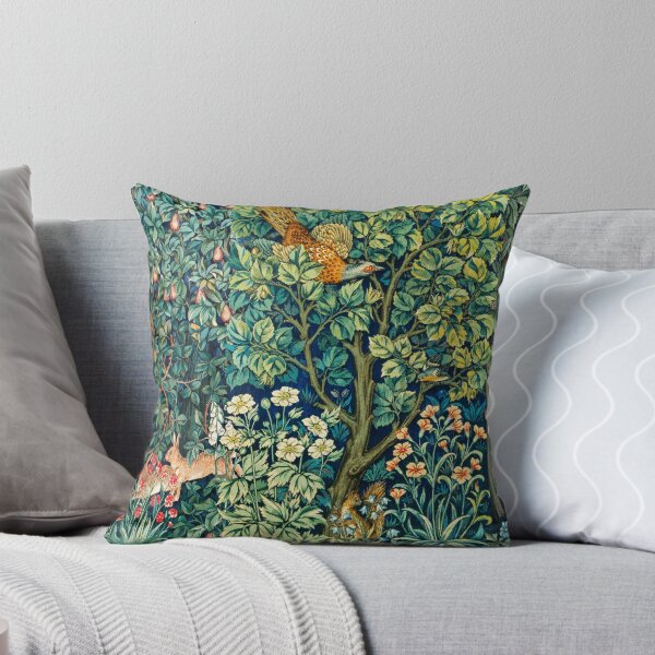 Aperçu de l'œuvre VERDURE, ANIMAUX DE LA FORÊT Faisan sur un arbre, écureuil, lièvres, tapisserie florale bleu-vert créée et vendue par BulganLumini.