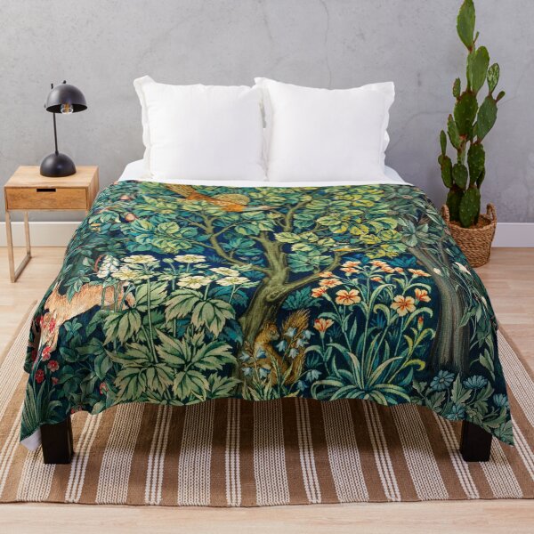 Item preview, GREENERY,FOREST ANIMALS Pheasant on Tree,Squirrel,Hares,Blue Green Floral Tapestry designed and sold by BulganLumini.