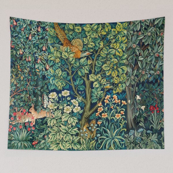 Item preview, GREENERY,FOREST ANIMALS Pheasant on Tree,Squirrel,Hares,Blue Green Floral Tapestry designed and sold by BulganLumini.