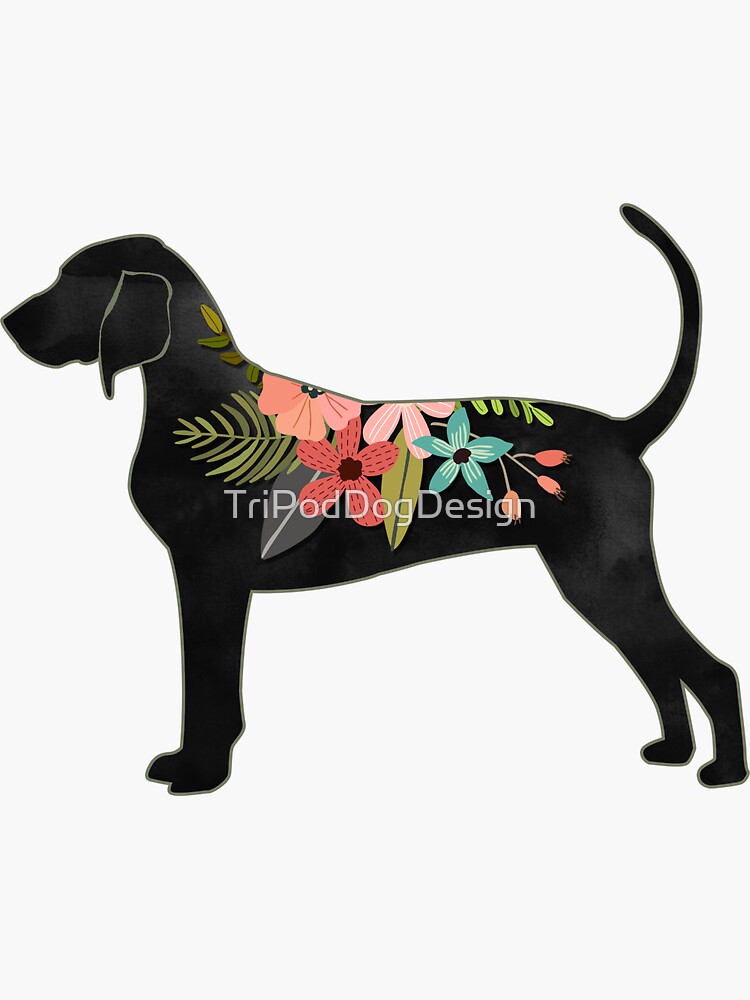 Thumbnail 3 of 3, Sticker, Bluetick Coonhound Dog Breed Bohemian Floral Silhouette designed and sold by TriPodDogDesign.