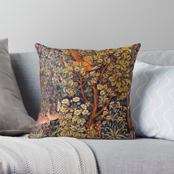 GREENERY,FOREST ANIMALS Pheasant on Autumn Tree,Squirrel,Hares,Red Yellow Floral Tapestry Throw Pillow