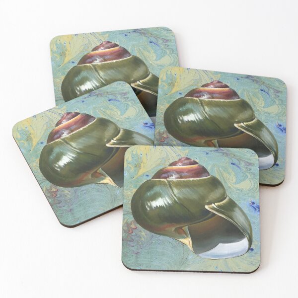 Item preview, Green seashell oil painting on aqua handmade marbled paper designed and sold by LeighMurphy-Art.