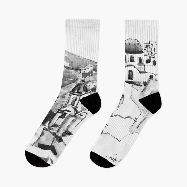 Item preview, Santorini Greece Black and White Watercolor Painting designed and sold by TheJoeyStudio.