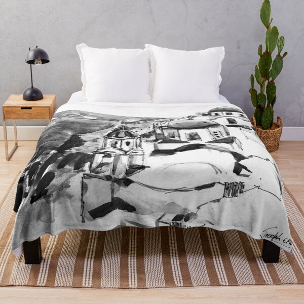 Item preview, Santorini Greece Black and White Watercolor Painting designed and sold by TheJoeyStudio.