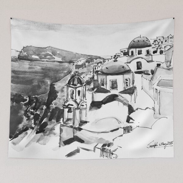 Item preview, Santorini Greece Black and White Watercolor Painting designed and sold by TheJoeyStudio.