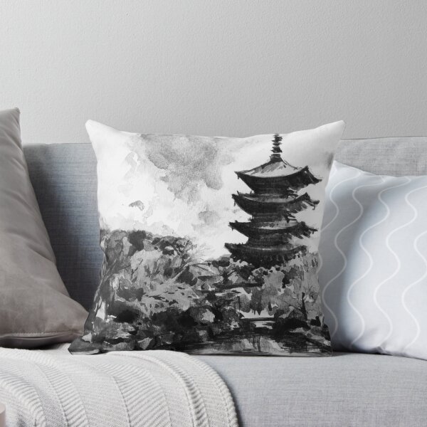 Item preview, Kyoto Temple Japan Black and White Watercolor Painting designed and sold by TheJoeyStudio.