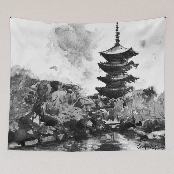 Item preview, Kyoto Temple Japan Black and White Watercolor Painting designed and sold by TheJoeyStudio.
