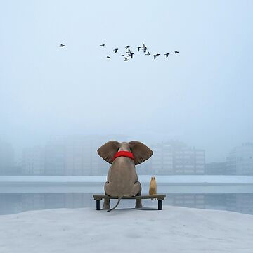 Artwork thumbnail, elephant and dog sit on the river bank in winter by Mike Kiev art