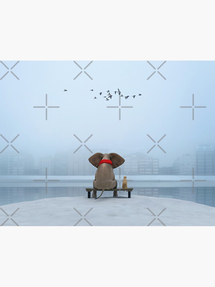Thumbnail 3 of 3, Sticker, elephant and dog sit on the river bank in winter designed and sold by mikekiev.