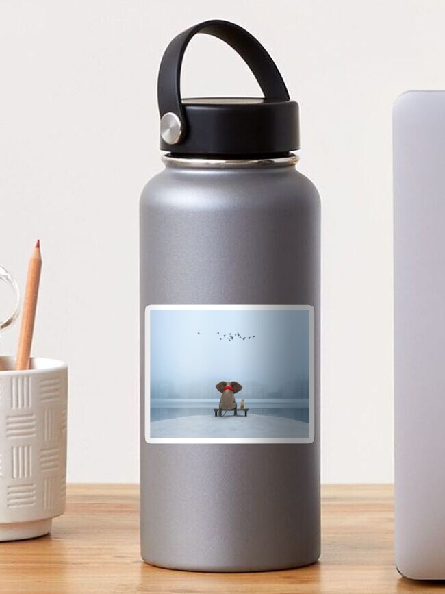 Thumbnail 1 of 3, Sticker, elephant and dog sit on the river bank in winter designed and sold by mikekiev.
