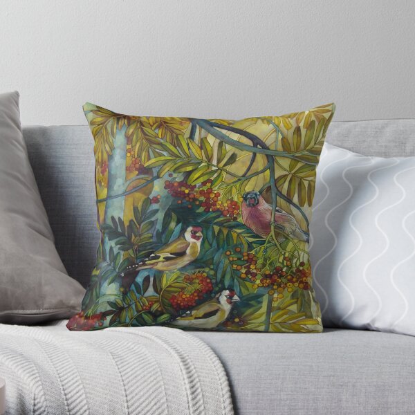 Goldfinches in the sorb-tree "sorbus aucuparia " Throw Pillow