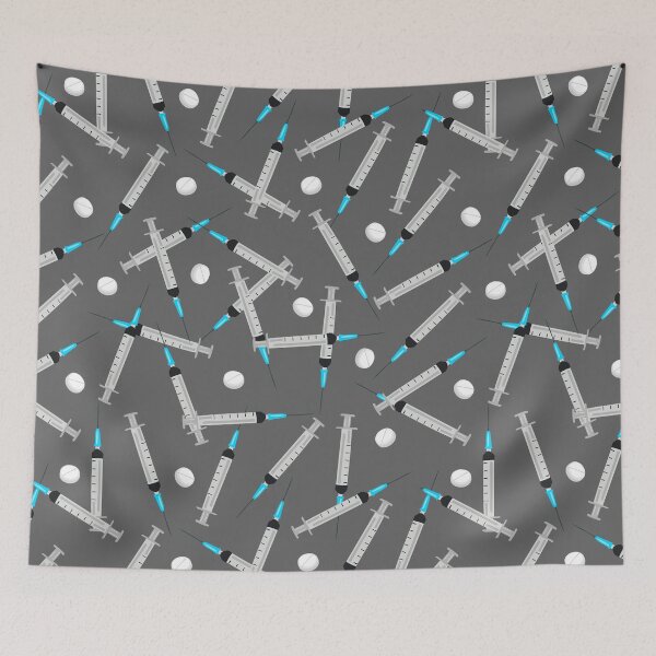 Item preview, A lot of medical syringes and white round tablets on a gray background designed and sold by IrinaSenkova.