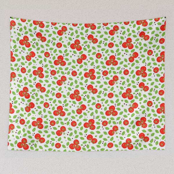 Item preview, Print of many small red tomatoes and green basil leaves with spices designed and sold by IrinaSenkova.