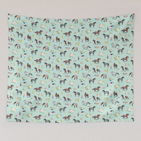 Item preview, Horses and Flowers, Mint Blue, Horse Art, Horse Decor, Pink Flowers designed and sold by cateandrainn.