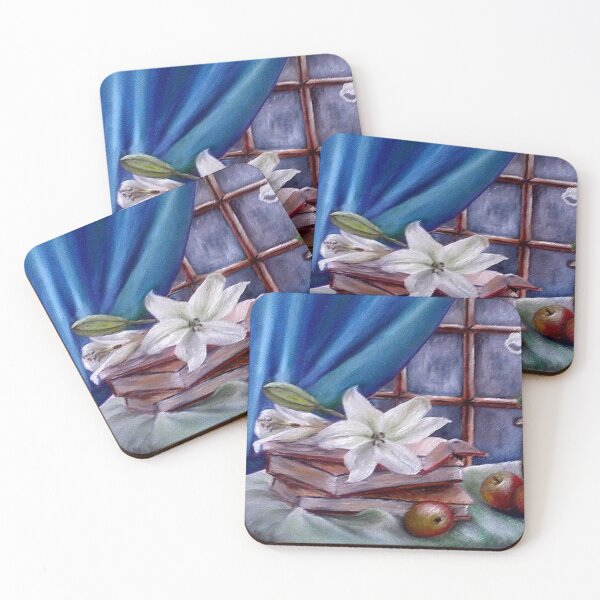 Item preview, ST JOSEPH LILIES BOOKS APPLES AND  DRAPERY, FINE ART PRINT  STILL LIFE INSPIRED BY NATURE designed and sold by Adri Barnard.