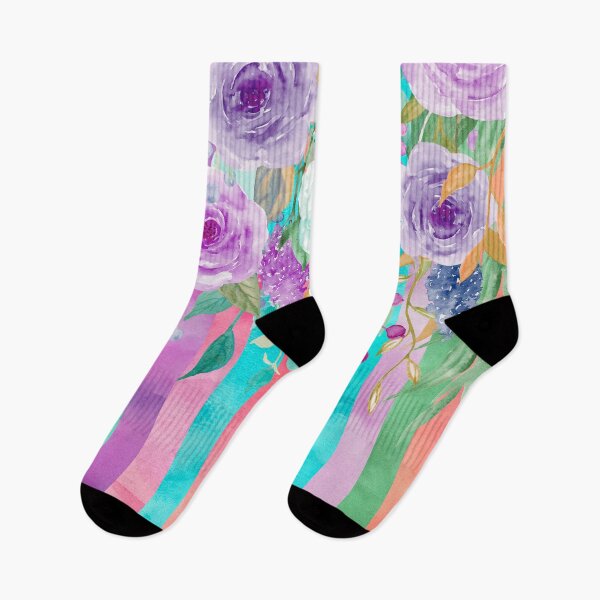 Item preview, Watercolor Flowers Stripes Cyan Purple Orange designed and sold by EDDArt.
