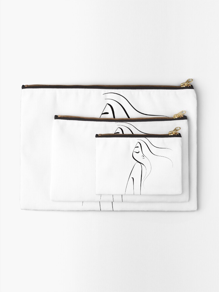 Alternate view of Black and white line artwork. Woman. Monochromatic . Aesthetic Zipper Pouch