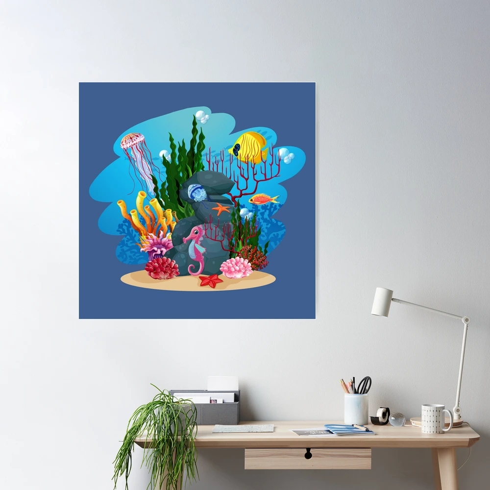 undersea life coral reef with fish and water plants algae cartoon  landscape\