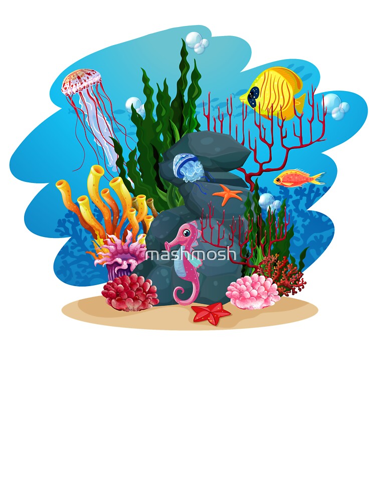 undersea life coral reef with fish and water plants algae cartoon