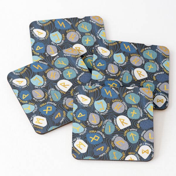 Item preview, Mystical Viking Runes // black background blue grey and teal stones golden letters of the runic alphabet designed and sold by SelmaCardoso.