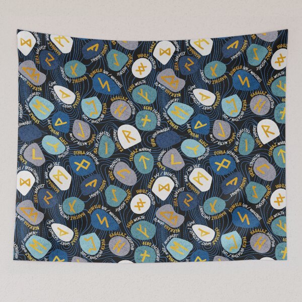 Item preview, Mystical Viking Runes // black background blue grey and teal stones golden letters of the runic alphabet designed and sold by SelmaCardoso.