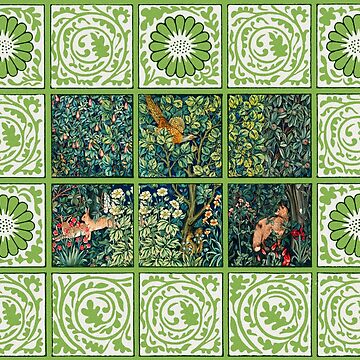 Aperçu de l'œuvre VERDURE, ANIMAUX DE LA FORÊT Renard, Faisan sur Arbre, Écureuil, Lièvres, Carrés Floral Vert Blanc de BulganLumini