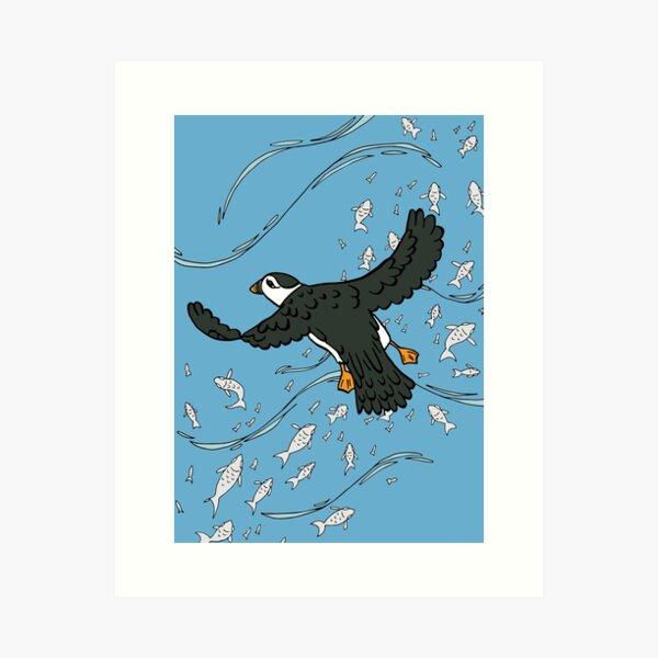 Puffin Flying Over the Water and Looking for Snacks Art Print