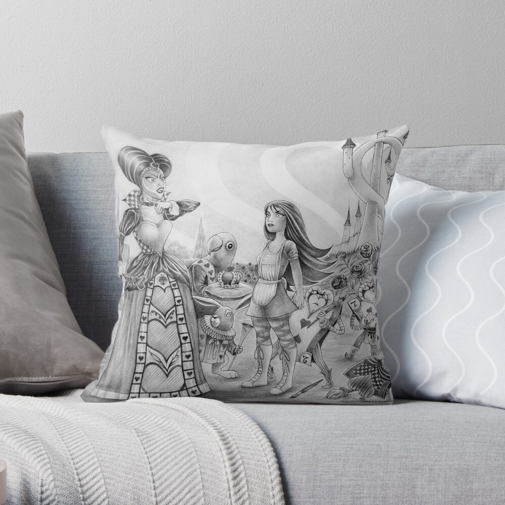 Off With Their Heads Alice And The Queen Of Hearts Throw Pillow By Wilzender Redbubble