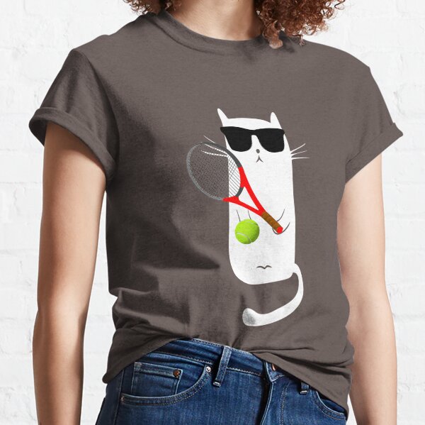 Chat drôle portant des lunettes de soleil jouant au tennis T-shirt classique