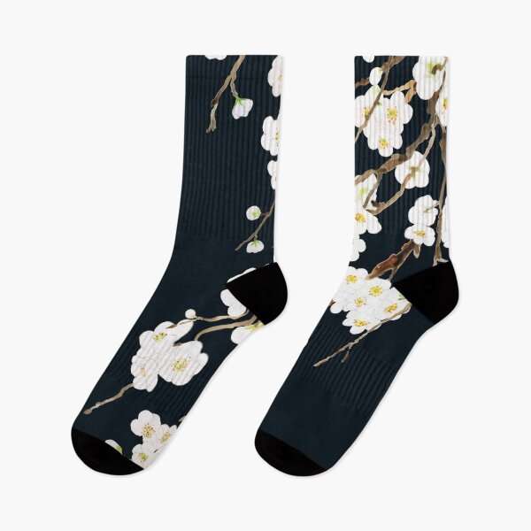 Item preview, white plum flowers blossom in black background watercolor designed and sold by SelenePaintings .