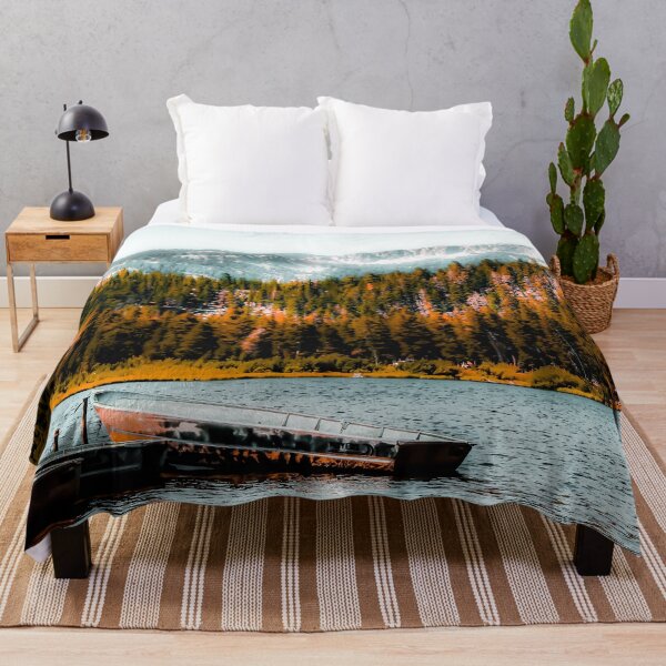 Item preview, boat on the lake with pine tree and mountain background at Mammoth Lakes, California, USA designed and sold by Mrvell.