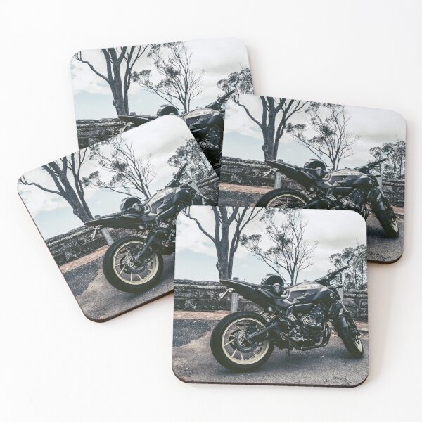 Item preview, Side view of a cool Yamaha MT-07 motorcycle from a road trip in the blue mountains designed and sold by InkyBlooms.