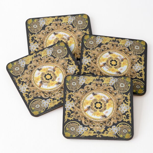 yellow rose and bees vintage kitsch baroque scarf iphone case digital bag print designed by mysticladyart Coasters (Set of 4)